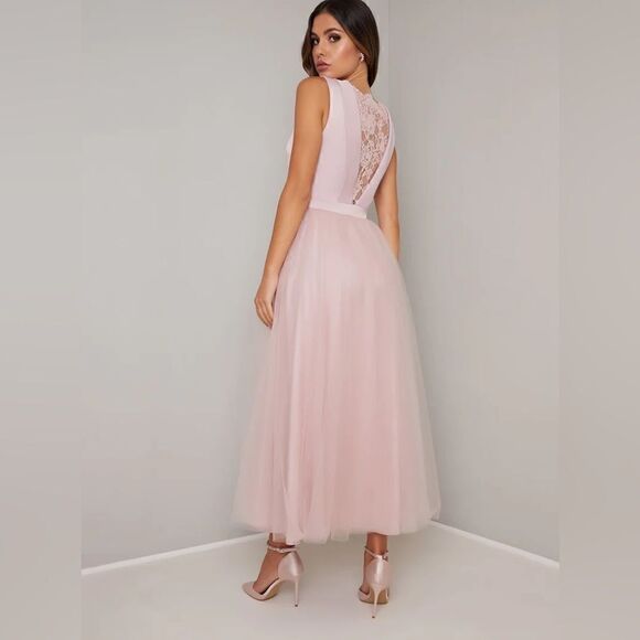Lace insert Fitted Bodice Tulle Midi Dress - Picture 1 of 5